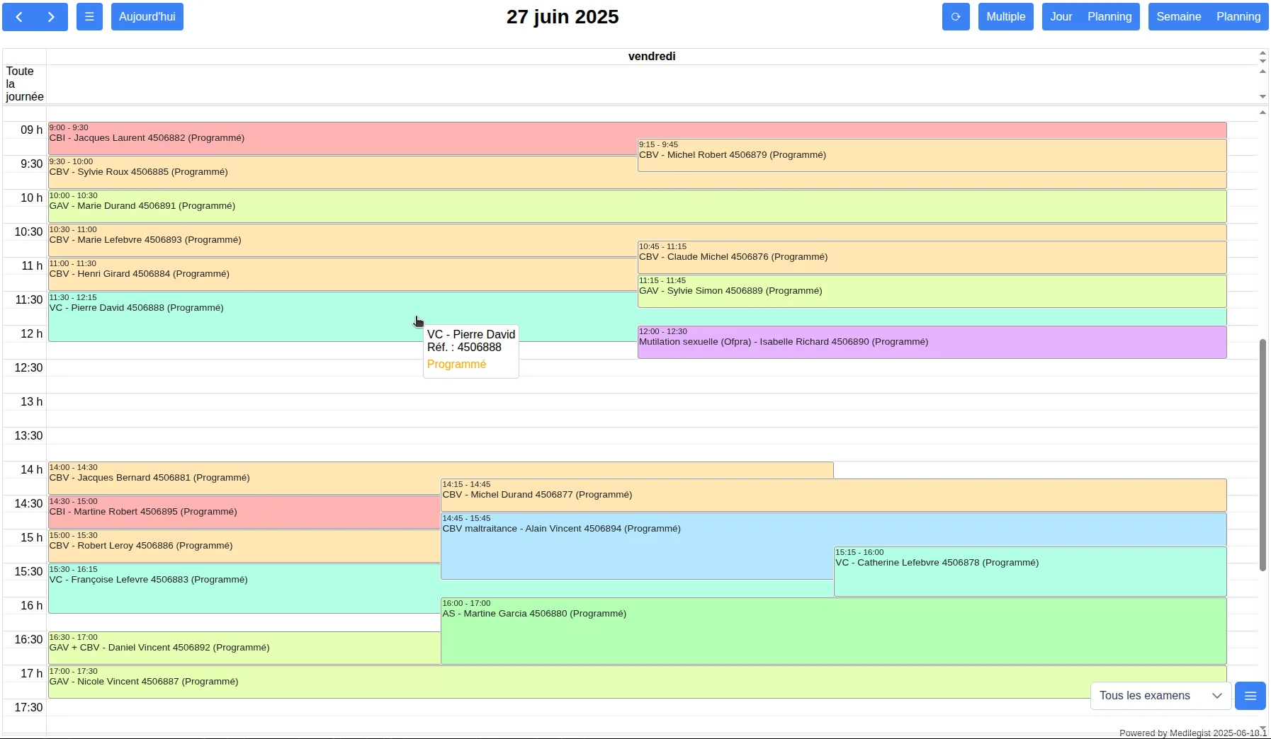 Capture du calendrier des rendez-vous Medilegist affichant les examens planifiés sur une journée