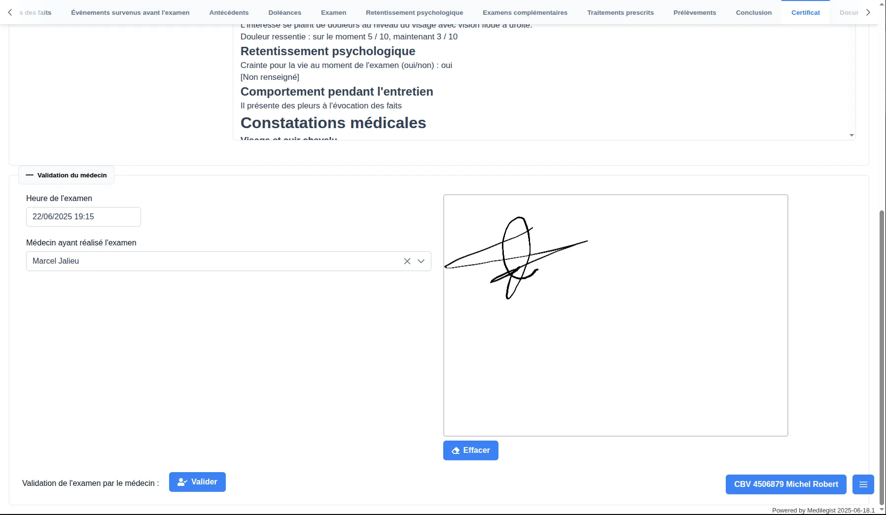 Capture de Medilegist montrant la validation de l’examen et la signature électronique du médecin